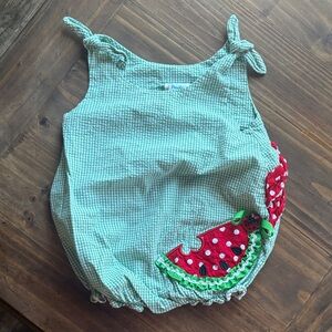 Peaches N cream Green Seersucker Baby Romper with Watermelon Appliqué 6/9 months
